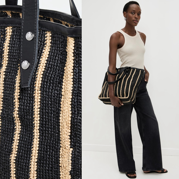 Rag & Bone Daily Straw Tote Raffia Black Women's Bag Leather Trim New - Picture 4 of 6